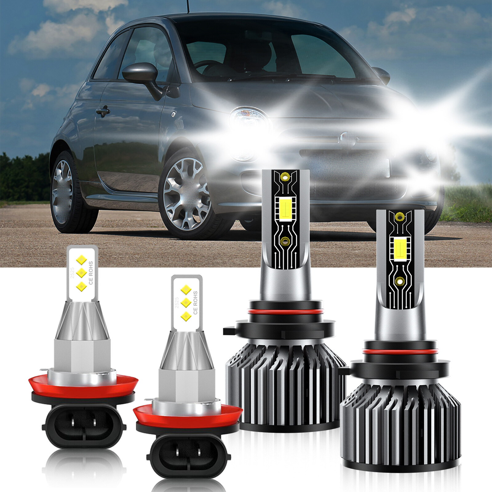 For Fiat 500 2012-2018 LED Headlight High/Low Beams + Fog Lights Bulbs 6500K