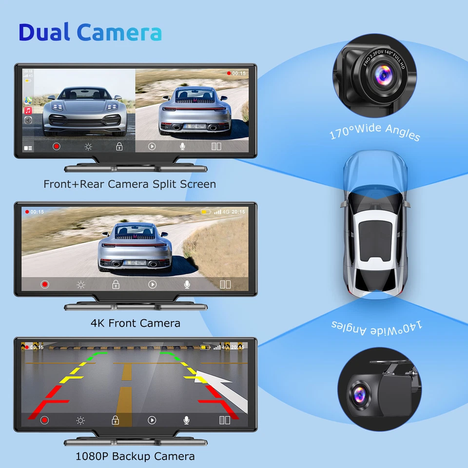 Autoradio portatile 10.26" 4K Dash Cam CarPlay Android auto + fotocamera 1080P - Immagine 3 di 4