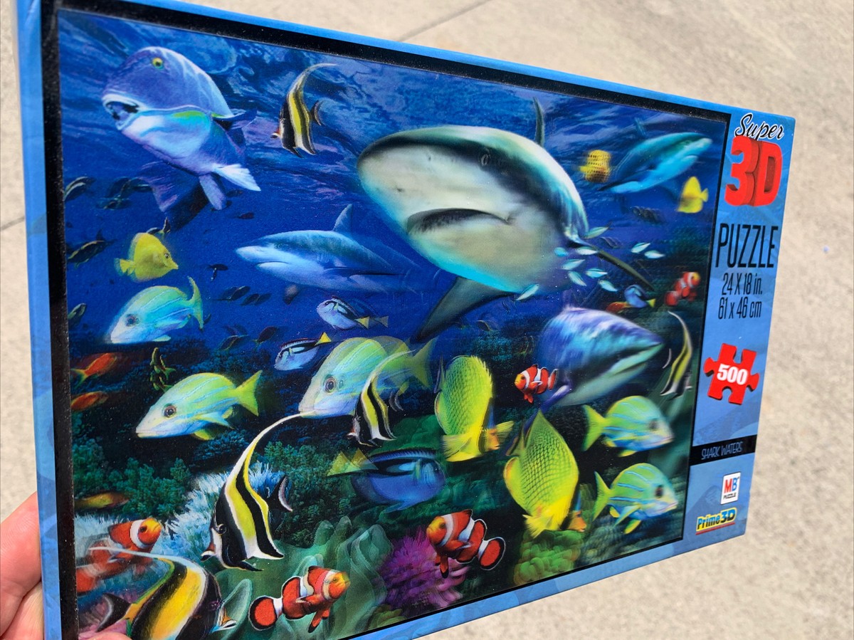 Milton Bradley MB Super 3D SHARK WATERS angel Fish Jaws Puzzle 500