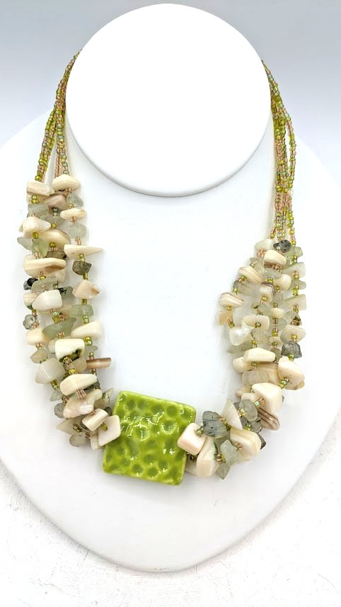 Green Statement Necklace Multi Strand Shell Porce… - image 3