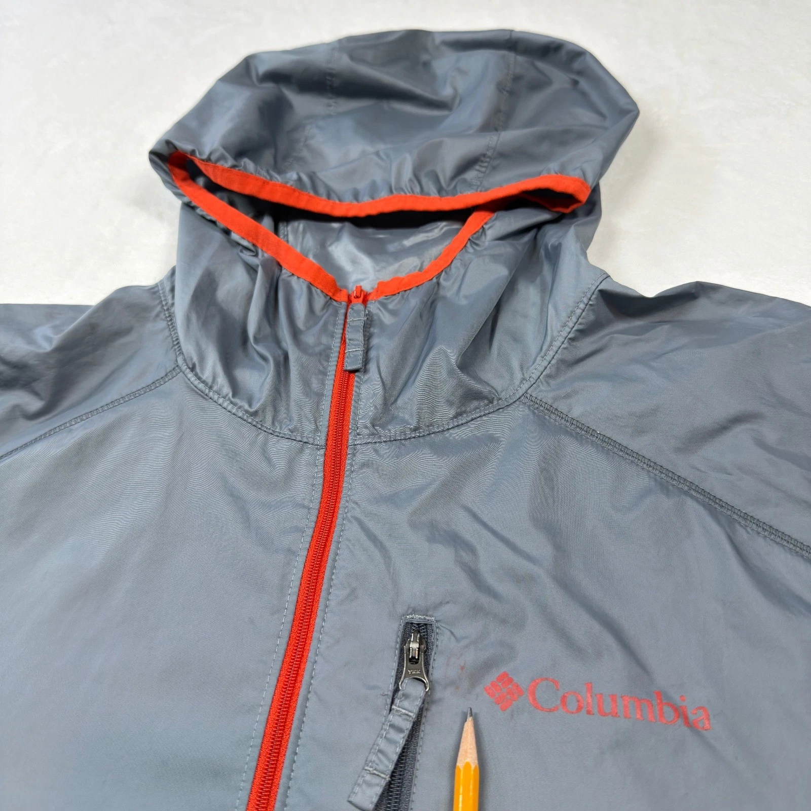 Columbia Flash Forward Windbreaker Mens L Grey Orange Good Lightweight Hooded