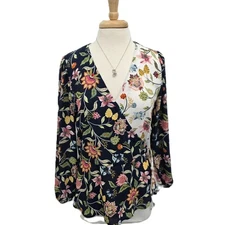 LOFT Womens M Navy Floral Wrap Tie Waist Long Sleeve Peplum Blouse Boho Chic