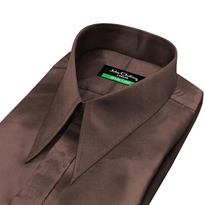 Men's Choco Brown Satin Spear Collar Shirt Hidden Placket 1930s Goodfellas Style