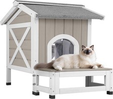Petscosset Outdoor Cat House Wooden Cat Shelter with Openable Roof, Grey
