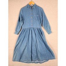 Vintage Fads Blue Denim Midi Dress Womens Small Cotton Long Sleeve Button Front