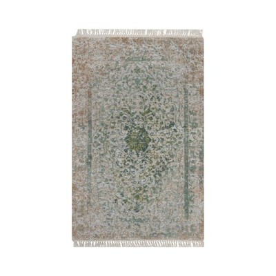 2'x3'1'' Silver-Green Erased Medallion Design Hand Knotted Wool and Silk Mat Rug