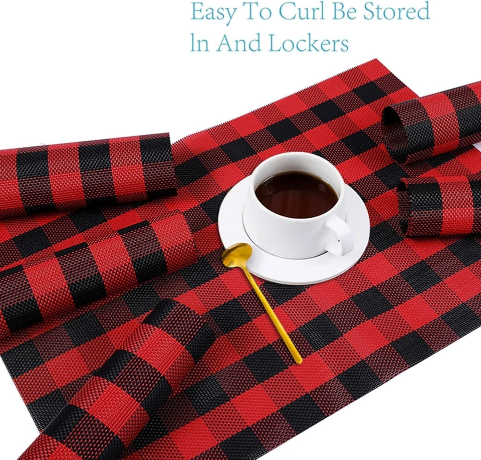 Juego de 6 manteles individuales Buffalo Check interiores limpiables negros grandes, rojos Foto 4 de 4