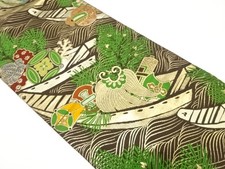 7625244: JAPANESE KIMONO / ANTIQUE MARU OBI / SILK / WOVEN TREASURE SHIP YOUNG