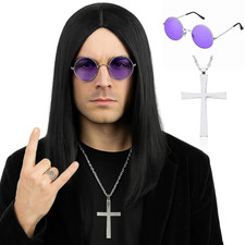 Long Black Straight 80S Heavy Metal Rocker Wig for Men - Center