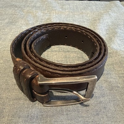 Kiton  Brown Leather Stitch Belt Size 34/90 with 925 Silver Buckle Made In Italy