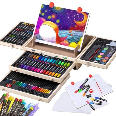 Deluxe Wooden Art Set Drawing Kit Oil Pastels Colored Pencils Easel For Kids