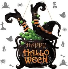 Barydat Halloween Welcome Door Sign Skeleton Pumpkin Front Door Wreath Decor Rus