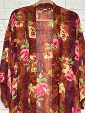 Large/XL/1X vintage roses Floral Chiffon Long Kimono Duster Cardigan Pink Rust