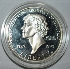 178g. ENCAPSULATED 1993 S SILVER UNCIRCULATED THOMAS JEFFERSON 250th ONE DOLLAR