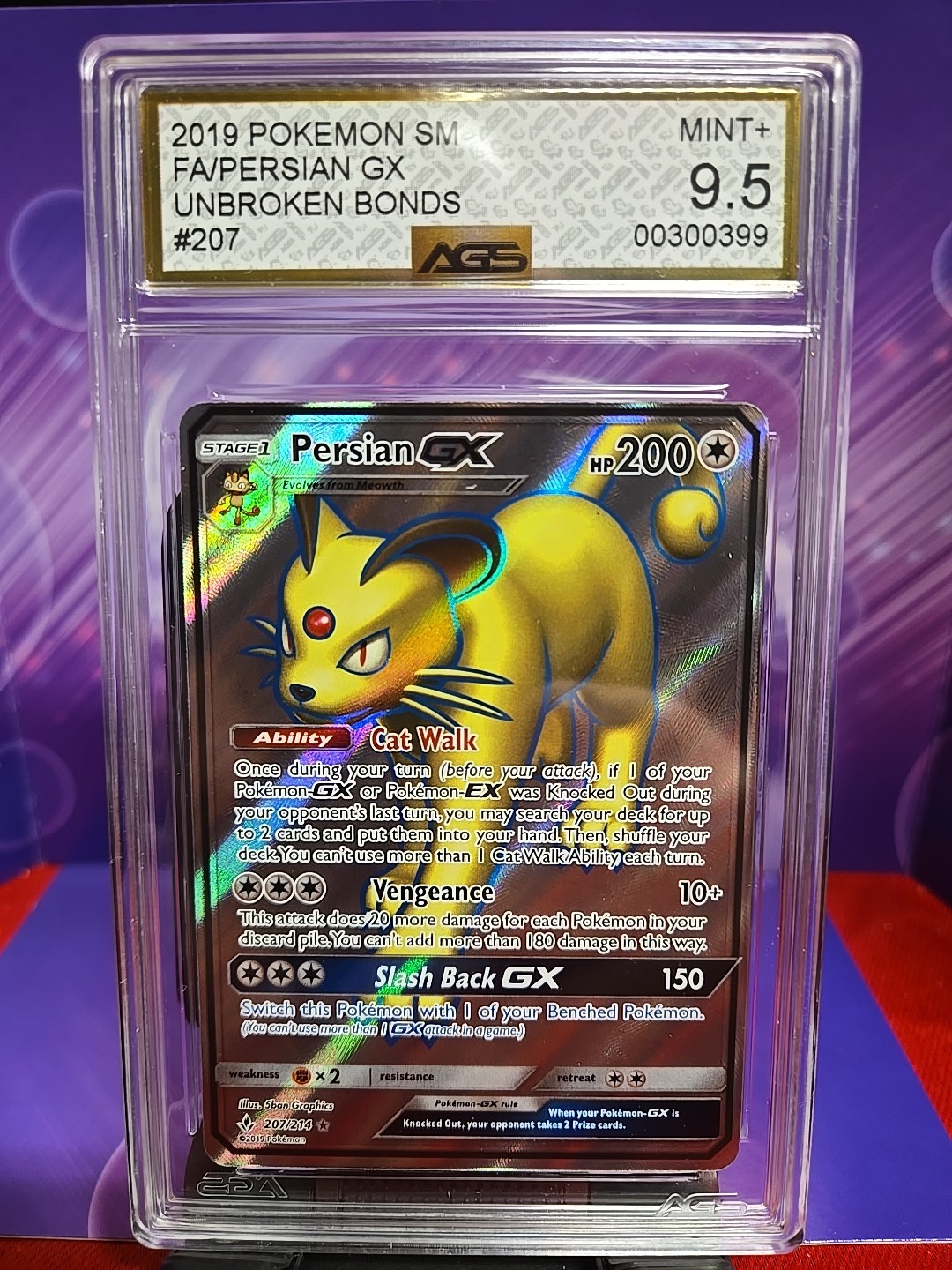2019 Pokemon Sun & Moon Unbroken Bonds Persian GX Holo #207/214 AGS 9.5 MINT+ FS