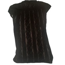 Bebe Top Women stretch Lace See-thru Cap SleeveMesh Blouse Black P/Small