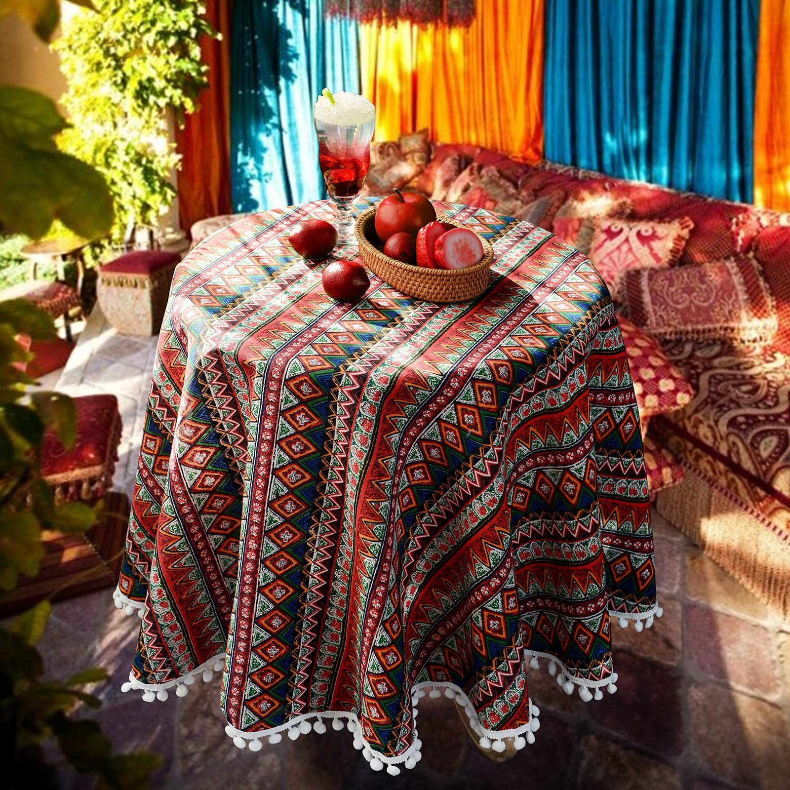 Red Boho Tablecloth Pompom Tassel Table Cloths Exquisite Bohemian Table Cover...