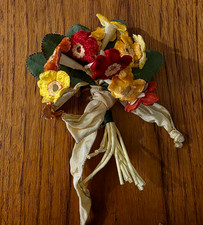 VINTAGE MILLINERY VELVET FLOWERS, LEAVES, RIBBON, PIN YELLOWS/ORANGES