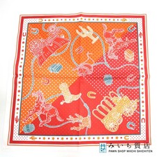 HERMES Scarf EX LIBRIS Ex Libris Carr 40 Horse Horse drawn Carriage Orange Red