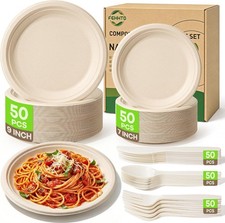 Compostable Paper Plates Set, 250PCS Disposable Heavy-Duty Sugarcane Plate and