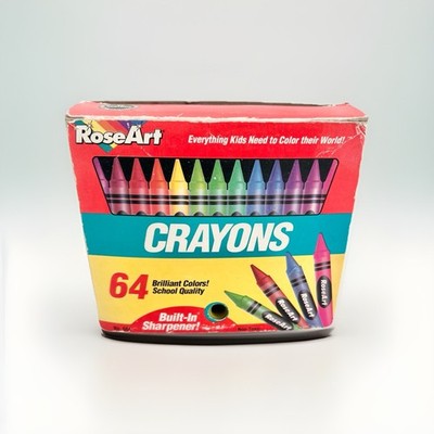 Vintage 90s RoseArt Box 64 Crayons Sharpener Retired Colors Dandelion Mostly New