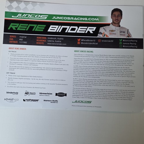 Rene Binder Juncos Racing IndyCar Postcard Green White Orange #32 Autographed  - Picture 2 of 2