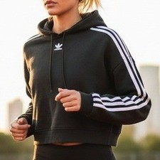 Adidas Originals Cropped Hoodie Womens S Black White 3 Stripe Trefoil Logo Sport