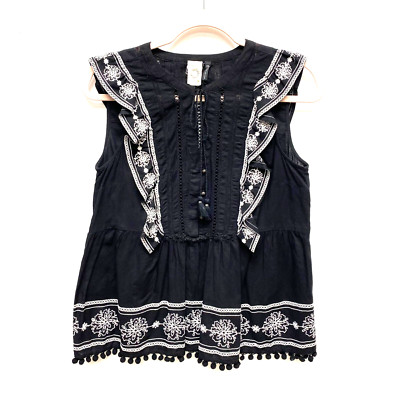 Anthropologie Akemi Kin Womens Black Adelina Embroidered Ruffle Tasseled Top 8