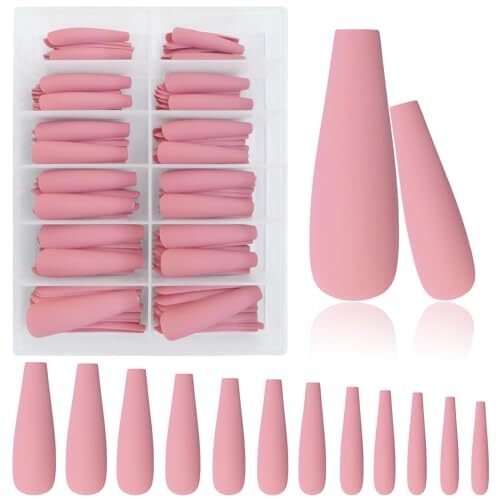 XXL Extra Long Press on Nails Coffin Matte Fake Nails Full Cover Acrylic Pink - Picture 1 of 7