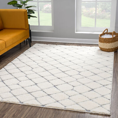 Teppich Wohnzimmer Hochflor - Flauschig - Boho - Pastel Creme Grau-Rauten Muster