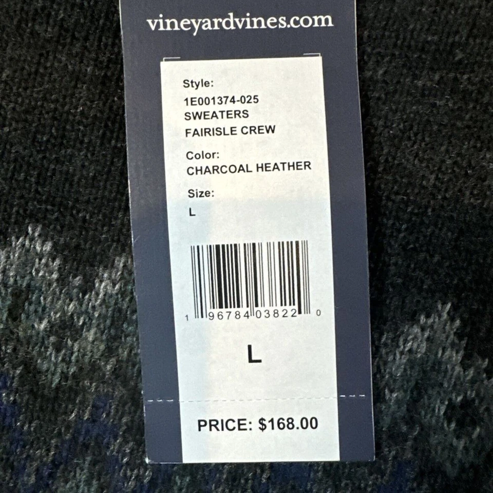 Vineyard Vines Men Fair Isle Sweater Charcoal Gray Heather Merino Blend Sz L NEW - Image 3 of 4