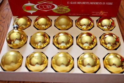 Vntg COBY Christmas Ornaments Box of 15 Gold Glass Balls 2.5'' USA