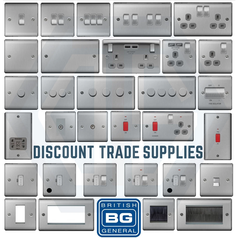 BG Nexus Brushed Steel Switches & Sockets Full Range Satin Chrome Grey Inserts