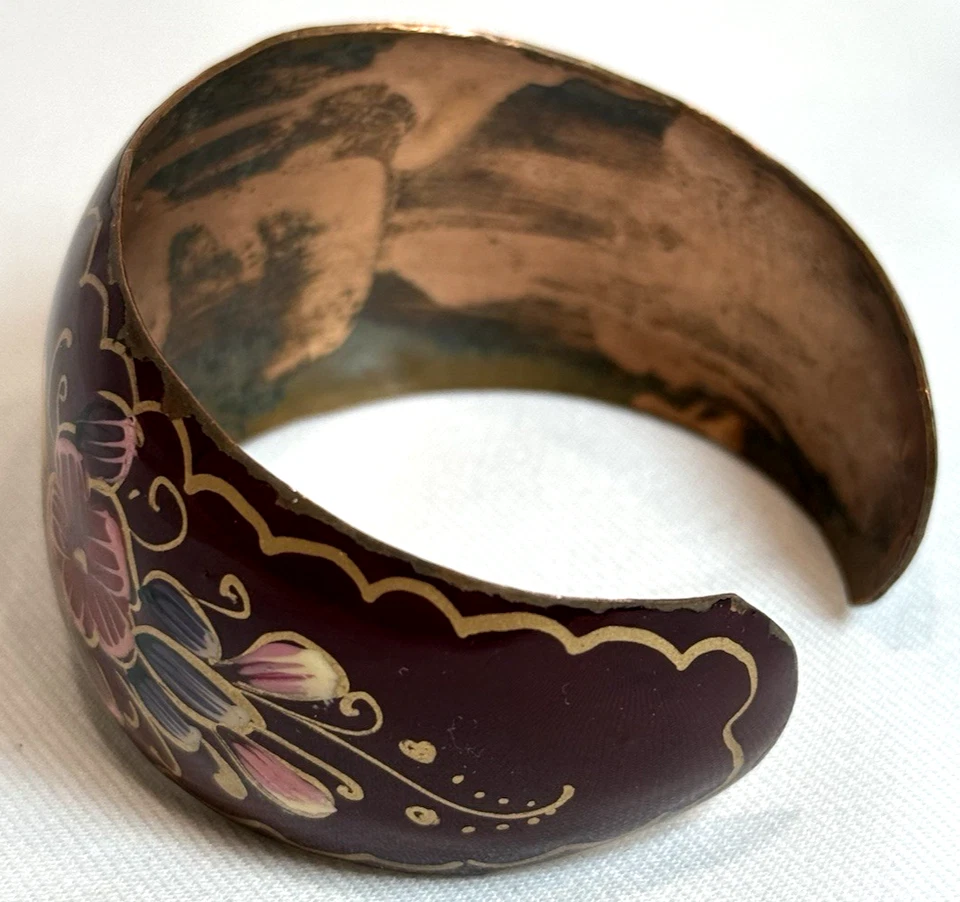 Vintage Hand Painted Enamel on Copper 7.5" Cuff Bracelet, Flowers Butterfly Boho - Image 4 of 4