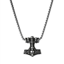 Stainless Steel Thors Hammer Mjolnir Skull Pendant Men's Vintage Necklace Chain