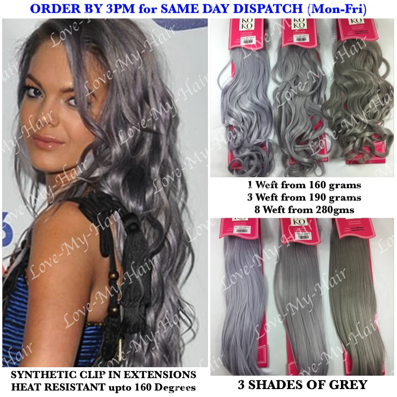 Koko Grey Clip In Hair Extensions 1 3 or 8 Weft Heat Resistant 160 300 grams
