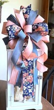 10 " NAVY-PEACH Spring Summer floral WIRED BOW for WREATH SWAG LANTERN  237 rb