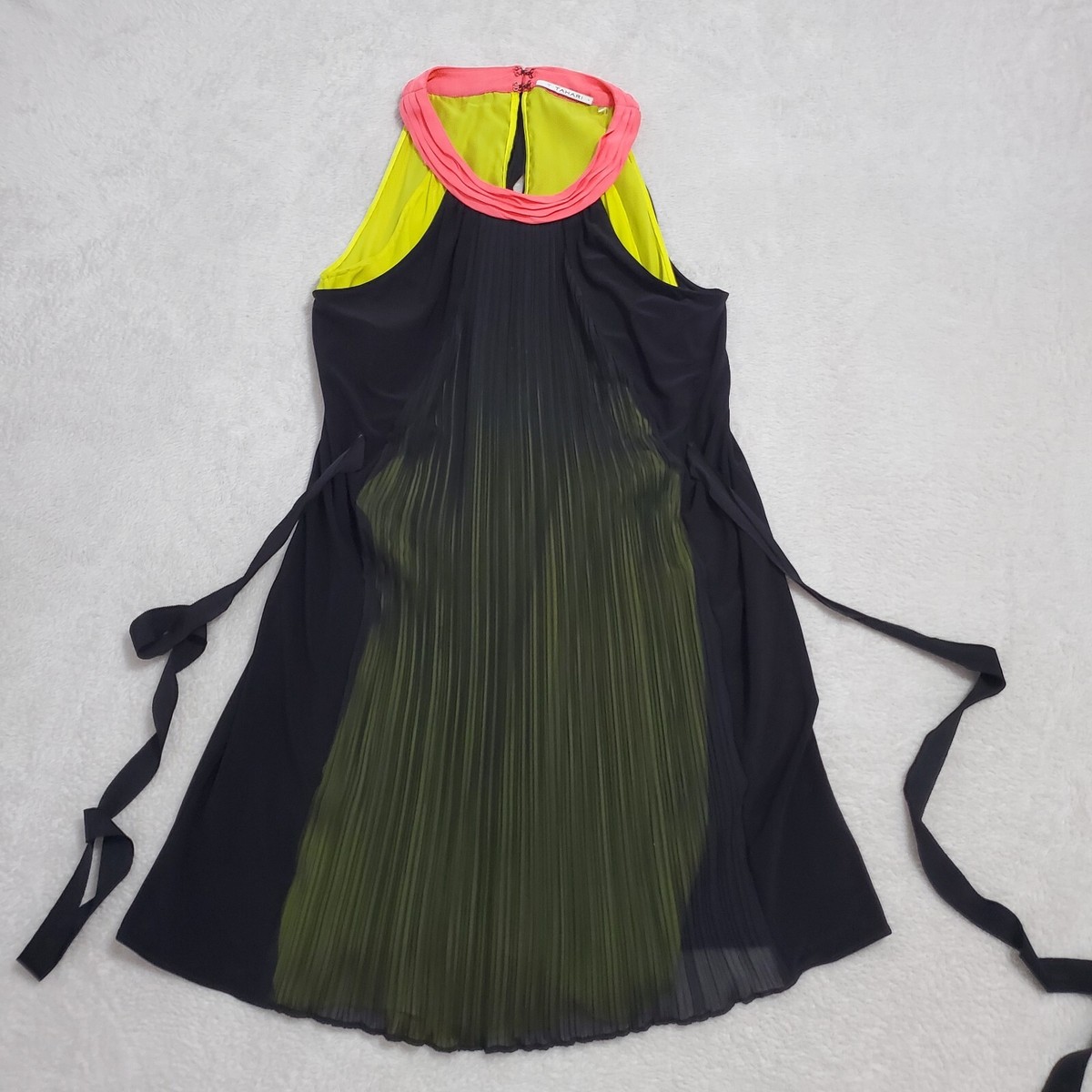 Tahari Halter Dress Womens 4 Black Neon Yellow Pink Pleated Chiffon Tie  Waist | eBay