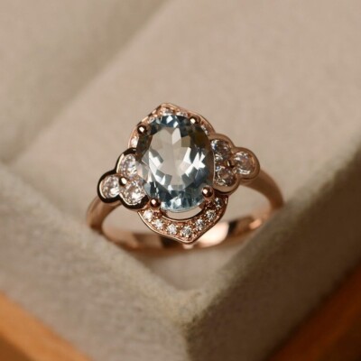 1.80 Ct Natural Oval Cut Aquamarine & Diamond Engagement Ring 14k Rose Gold