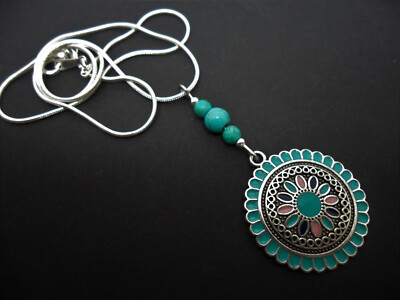 A LOVELY ENAMEL AND TURQUOISE BEAD NECKLACE ON 18'' SNAKE CHAIN. NEW.
