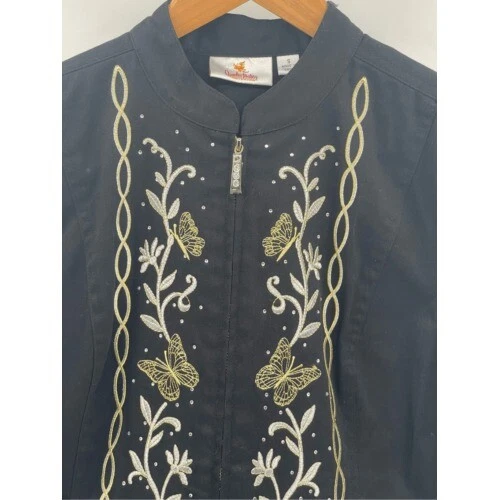 Quacker Factory Jacket Blazer Women Small Black Gold Embroidered Gems Zip Up - Image 3 of 4