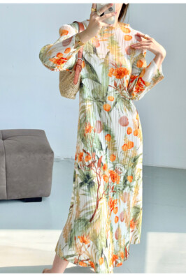 2024SS Fashion Wrinkled French Retro Printed Dress Elegant Mid Length Skirt