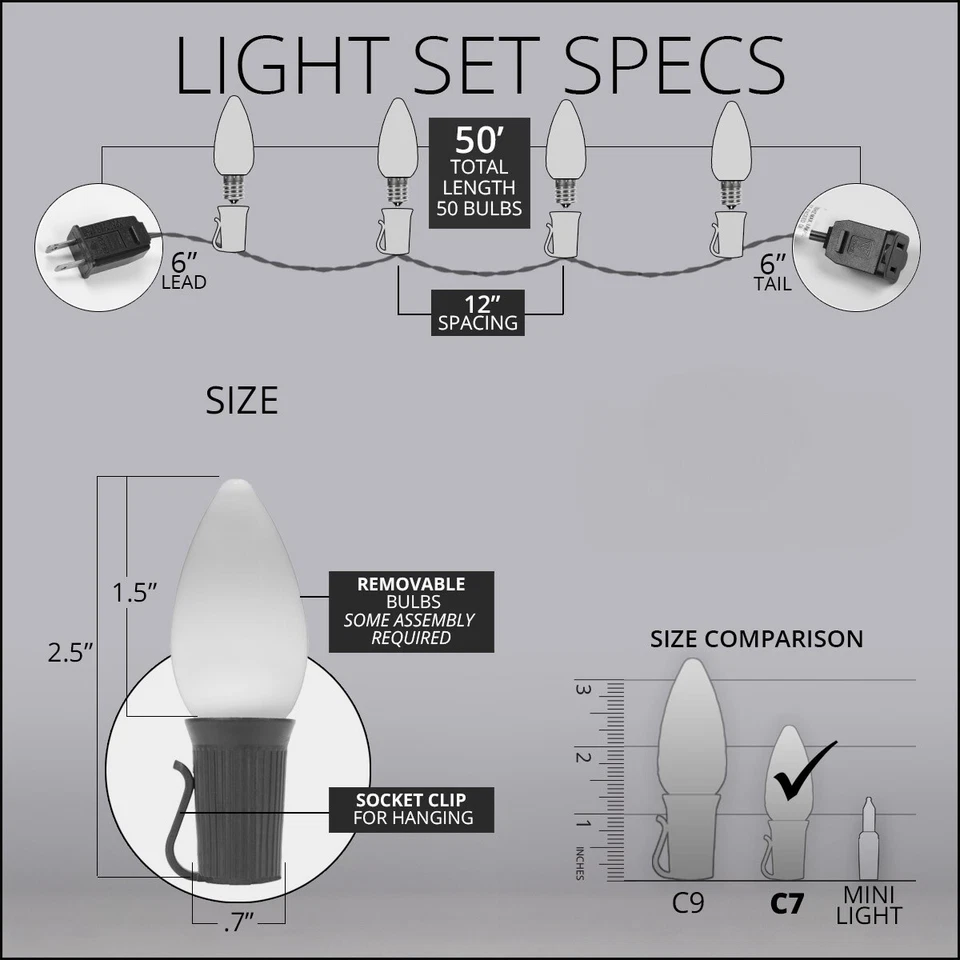 50 C7 OptiCore Shatterproof LED Christmas Lights Smooth Finish, Green Wire 50ft - Image 3 of 4