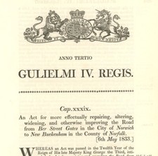 Antique Act of Parliament Repairing the Road Ber Street Gates Norwich 1833