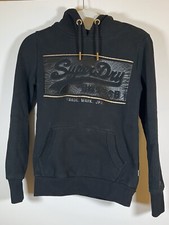 Superdry logo black hoodie heavyweight gold accents sz 4 womens streetwear