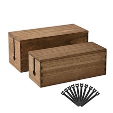 Wooden Cable Management Box Set of 2 - Solid Wood Large Small Cord Organize...