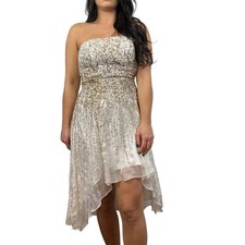 Sherri Hill White Gold Silver Sequin Waterfall Strapless Dress SIZE 8