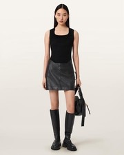 Image of All Saints Renai Black Real Leather Mini Skirt Size 10 RRP £159.00