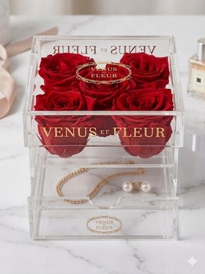 Venus ET Fleur Léan Acrylic Rose Box with Jewelry Drawer - 5 Red Eternity Roses