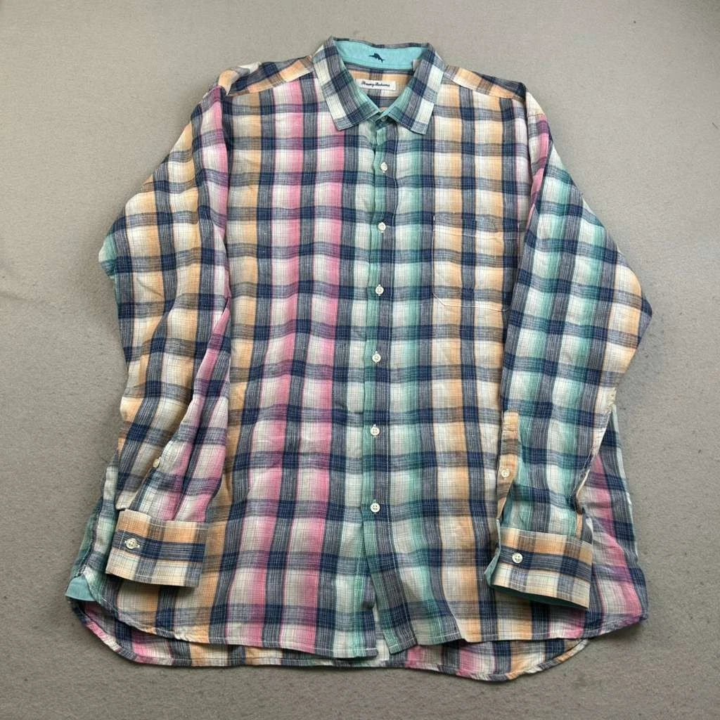 Tommy Bahama Shirt Men 2XL Colorful Plaid Linen Button Up Long Sleeves
